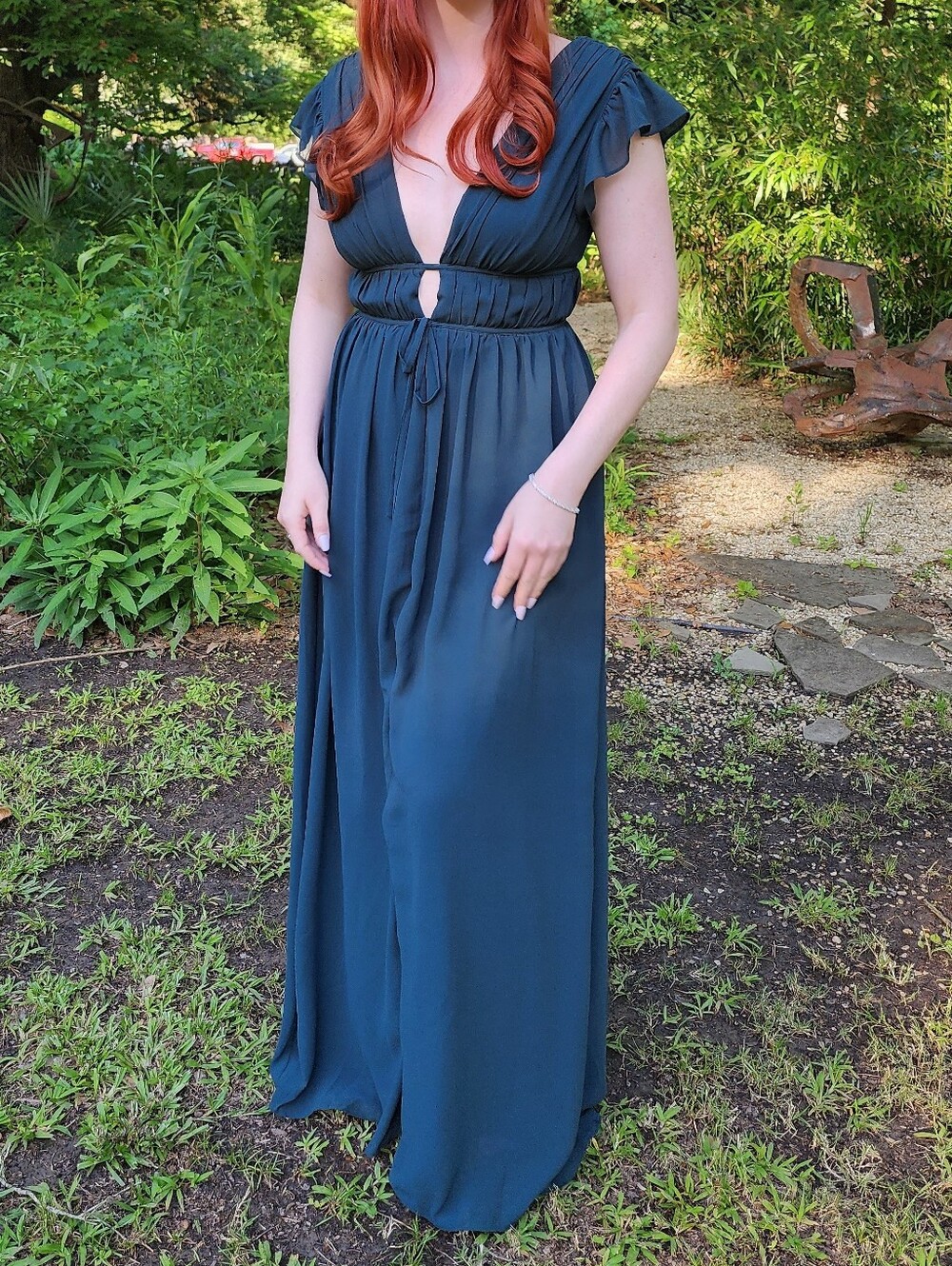 Lulu's Dark Green Maxi Dress with Ruffle Cap Sleeves